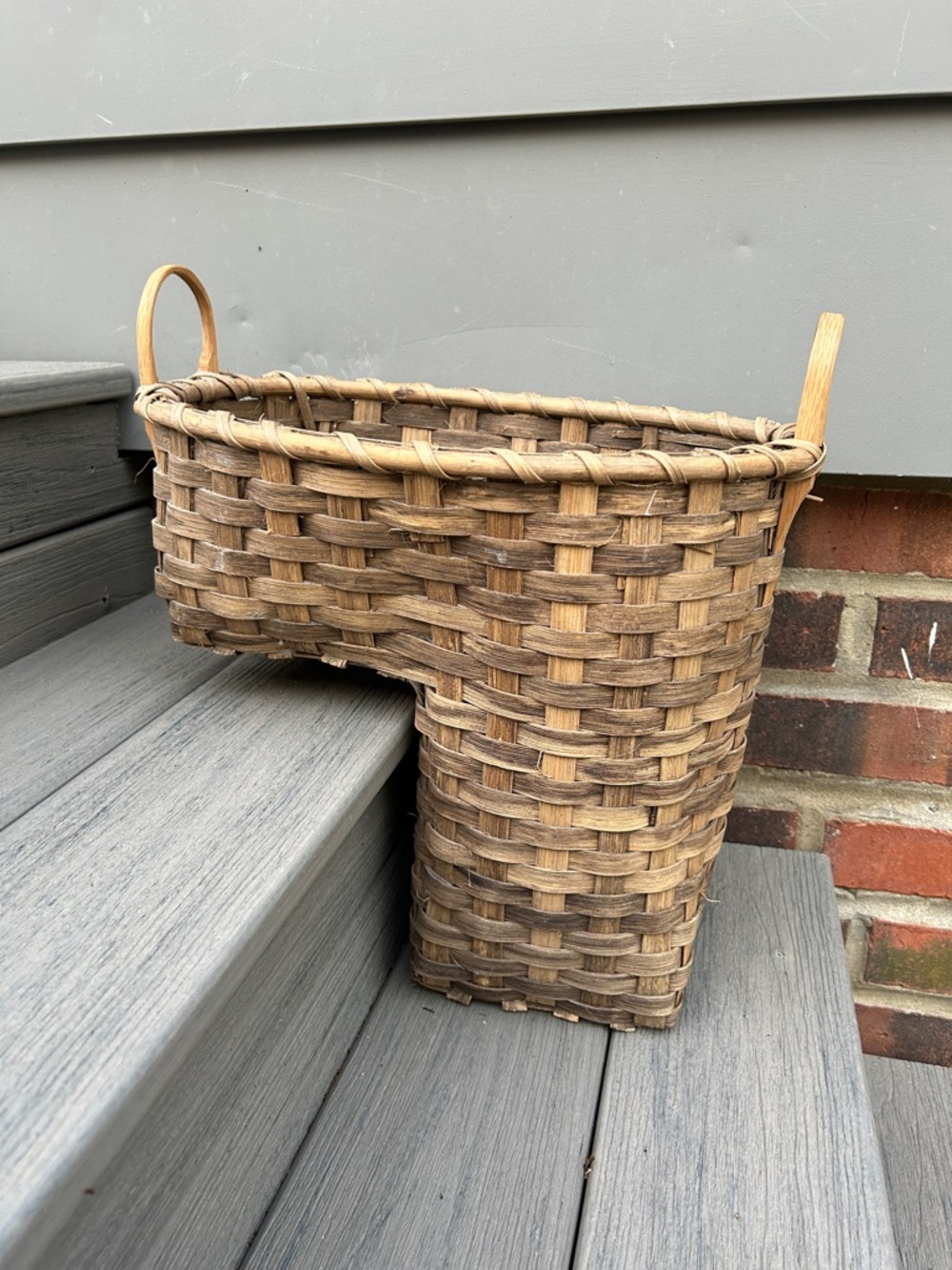 SOLD- Vintage Handwoven Brown Step or Stair Basket with Handles